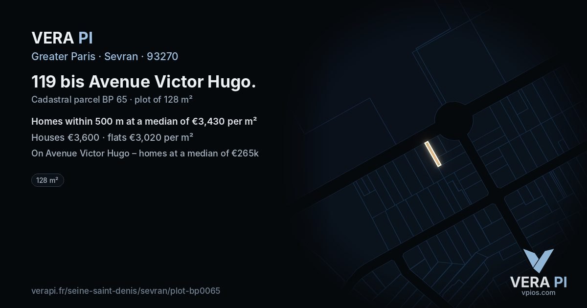 119 bis Avenue Victor Hugo, Sevran at night – the plot lit, the parcels around coloured by the prices near them