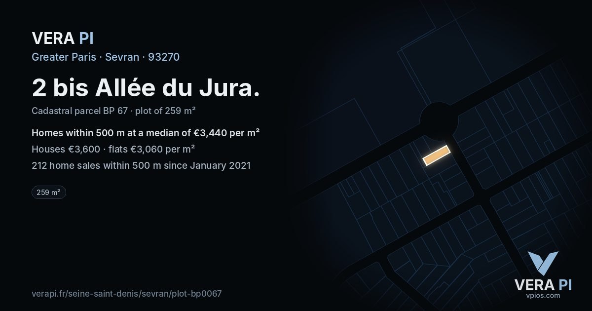 2 bis Allée du Jura, Sevran at night – the plot lit, the parcels around coloured by the prices near them