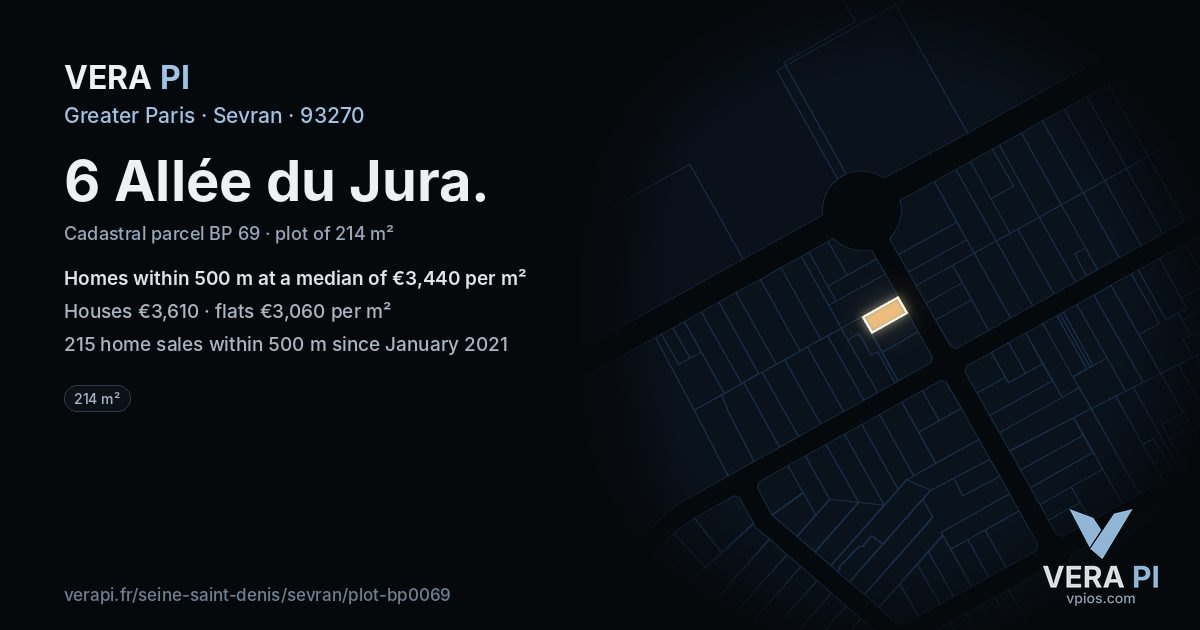 6 Allée du Jura, Sevran at night – the plot lit, the parcels around coloured by the prices near them
