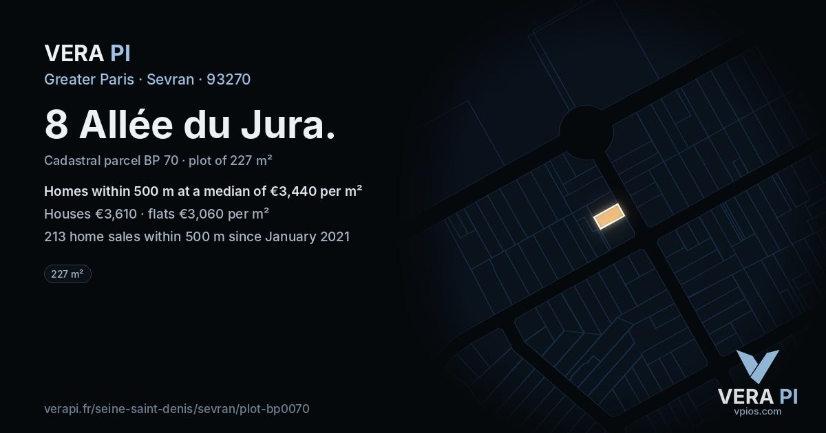 8 Allée du Jura, Sevran at night – the plot lit, the parcels around coloured by the prices near them