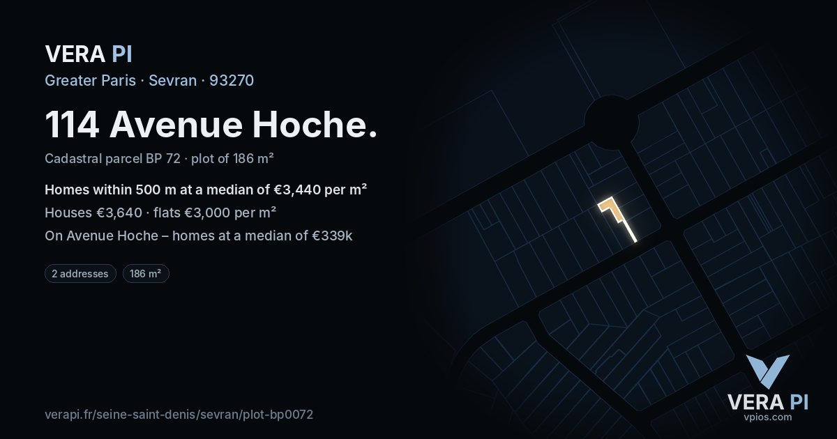 114 Avenue Hoche, Sevran at night – the plot lit, the parcels around coloured by the prices near them