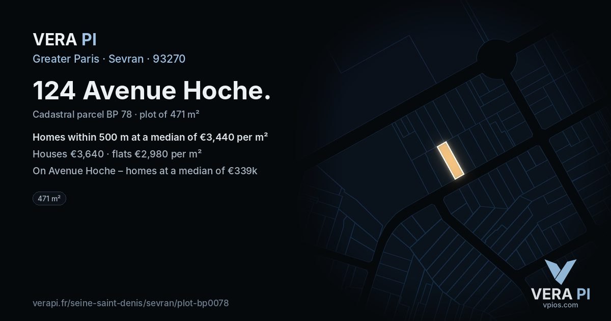 124 Avenue Hoche, Sevran at night – the plot lit, the parcels around coloured by the prices near them
