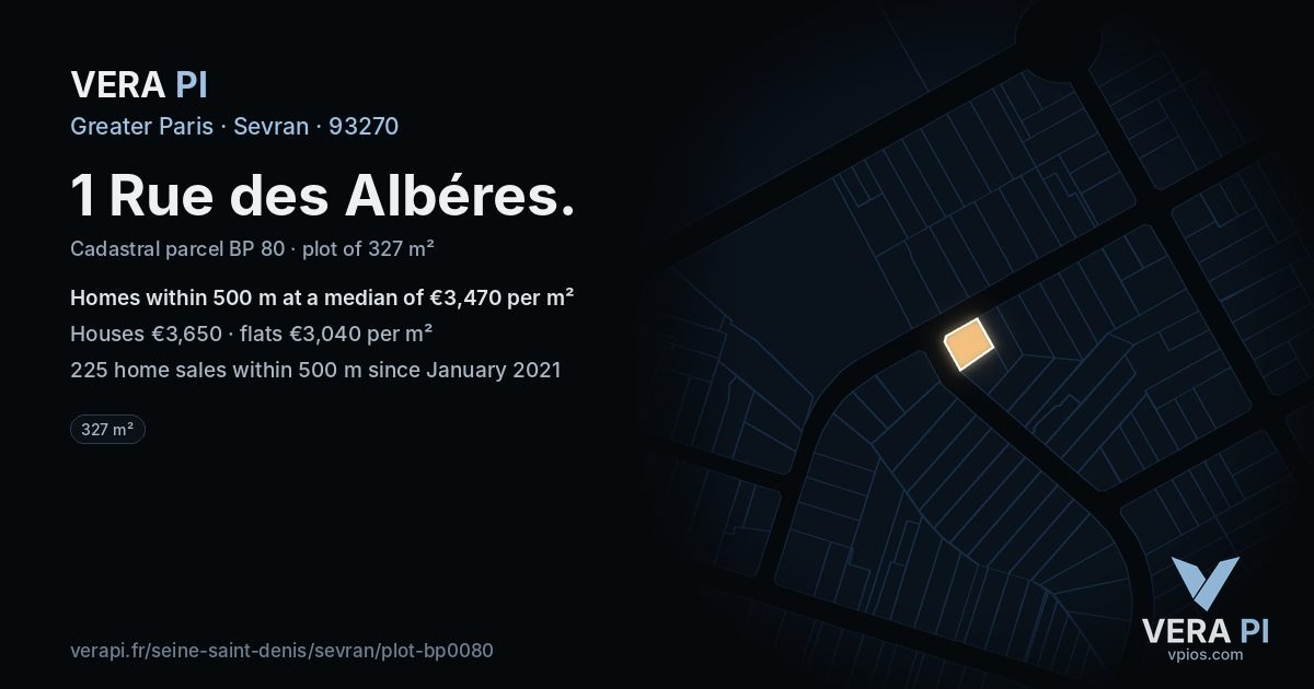 1 Rue des Albéres, Sevran at night – the plot lit, the parcels around coloured by the prices near them