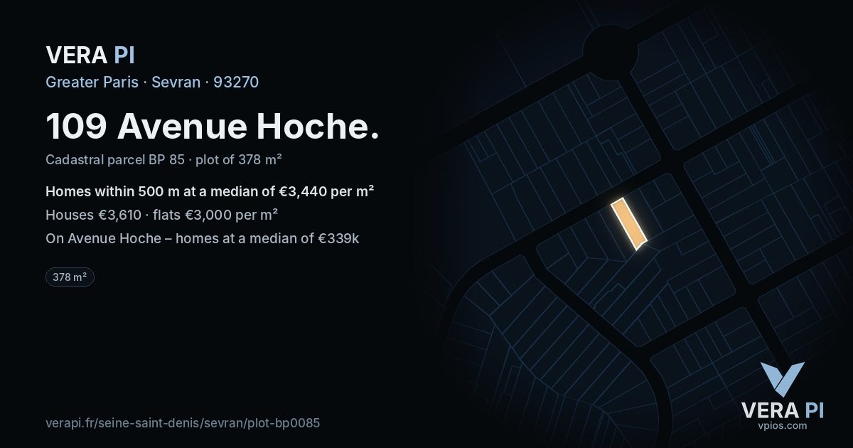 109 Avenue Hoche, Sevran at night – the plot lit, the parcels around coloured by the prices near them