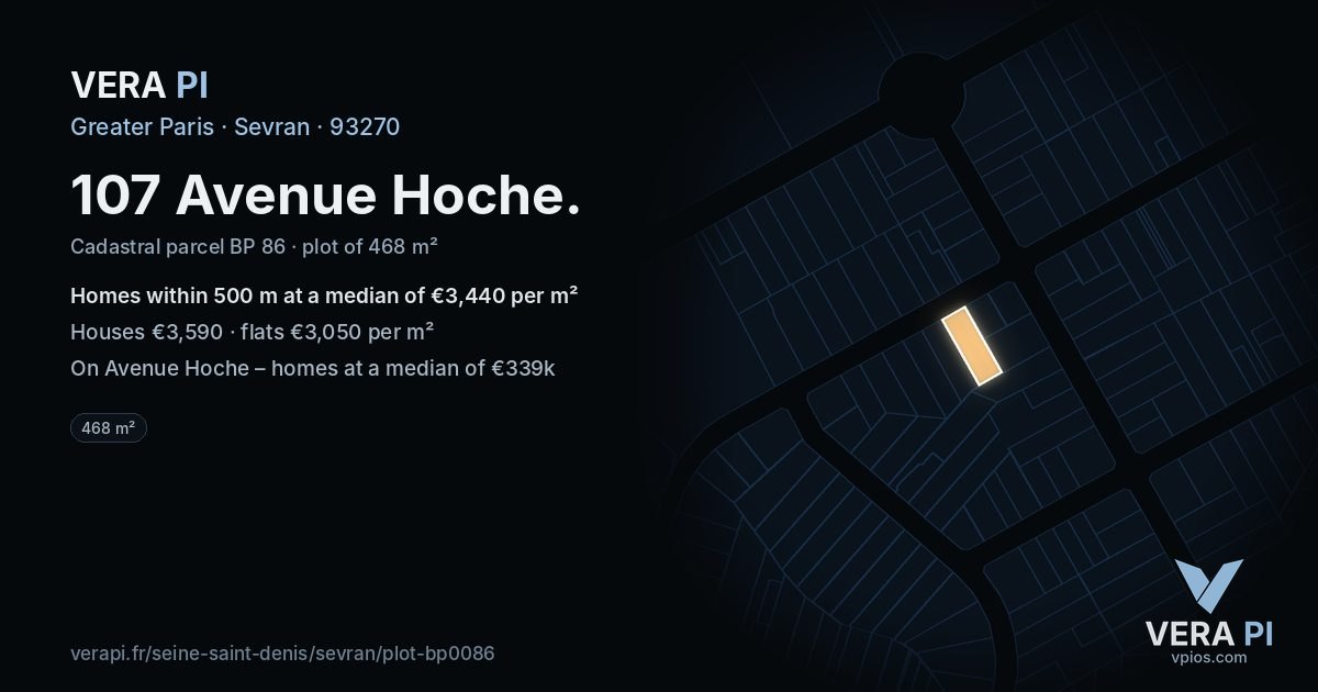 107 Avenue Hoche, Sevran at night – the plot lit, the parcels around coloured by the prices near them