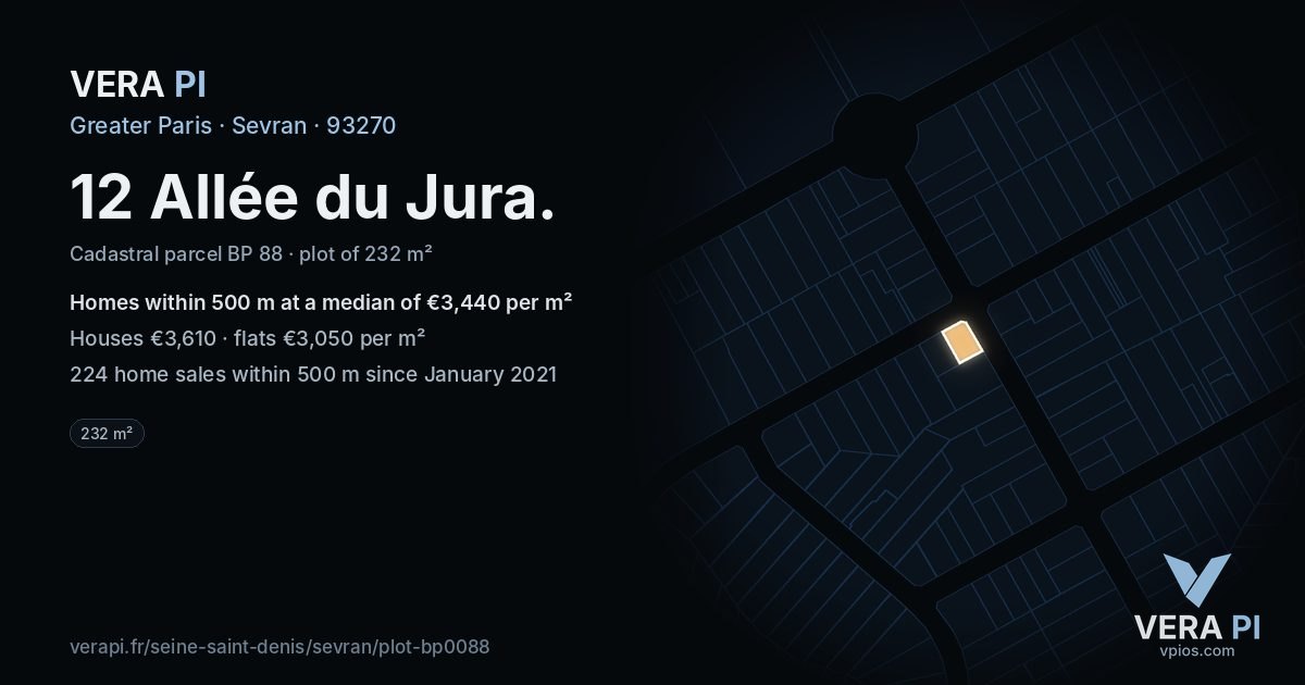 12 Allée du Jura, Sevran at night – the plot lit, the parcels around coloured by the prices near them