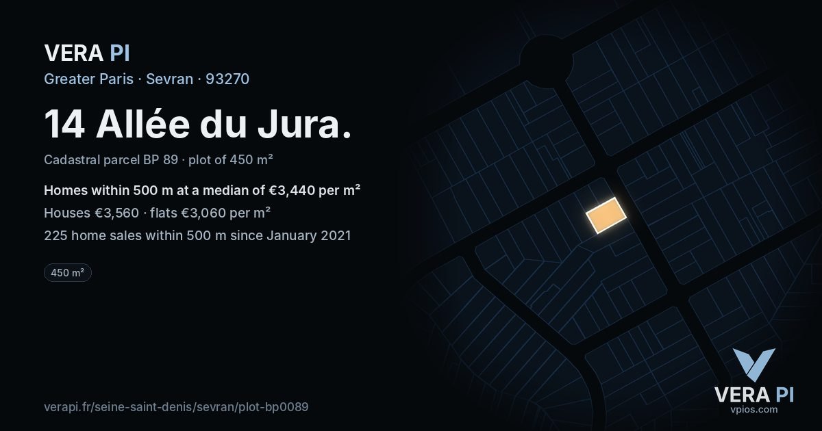 14 Allée du Jura, Sevran at night – the plot lit, the parcels around coloured by the prices near them