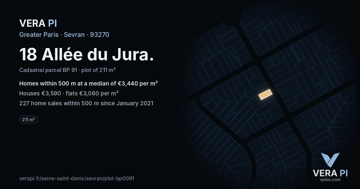 18 Allée du Jura, Sevran at night – the plot lit, the parcels around coloured by the prices near them