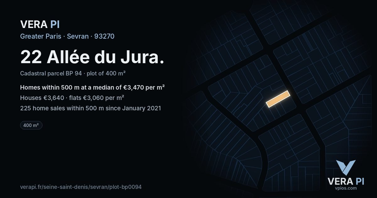 22 Allée du Jura, Sevran at night – the plot lit, the parcels around coloured by the prices near them