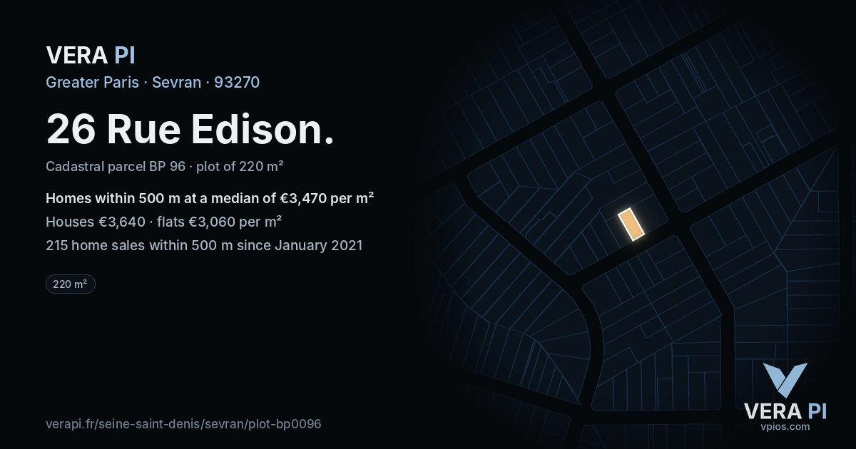 26 Rue Edison, Sevran at night – the plot lit, the parcels around coloured by the prices near them