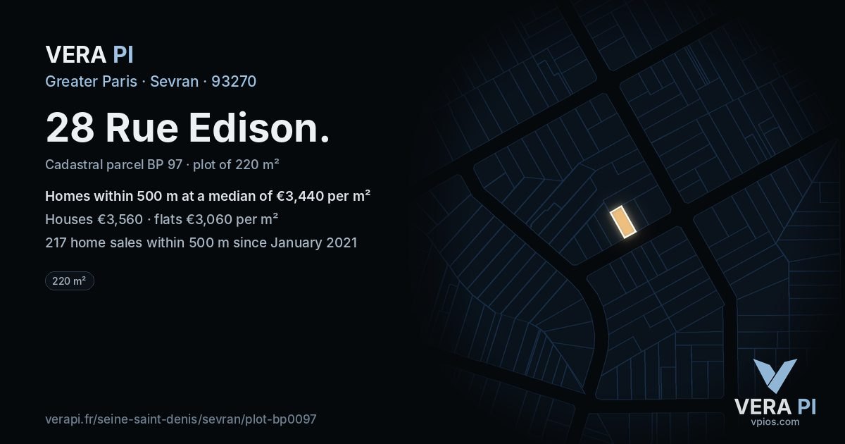 28 Rue Edison, Sevran at night – the plot lit, the parcels around coloured by the prices near them