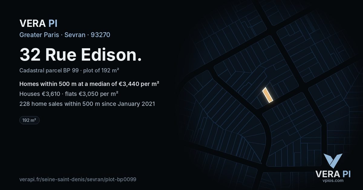 32 Rue Edison, Sevran at night – the plot lit, the parcels around coloured by the prices near them