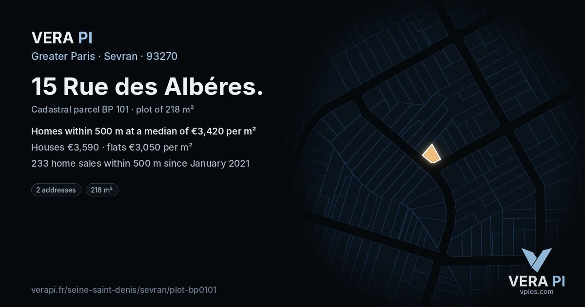 15 Rue des Albéres, Sevran at night – the plot lit, the parcels around coloured by the prices near them