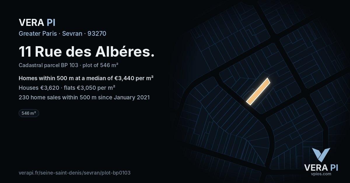 11 Rue des Albéres, Sevran at night – the plot lit, the parcels around coloured by the prices near them