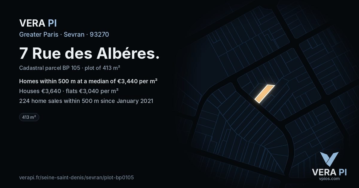 7 Rue des Albéres, Sevran at night – the plot lit, the parcels around coloured by the prices near them