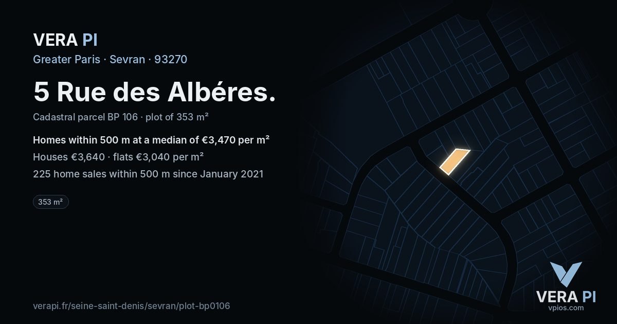 5 Rue des Albéres, Sevran at night – the plot lit, the parcels around coloured by the prices near them