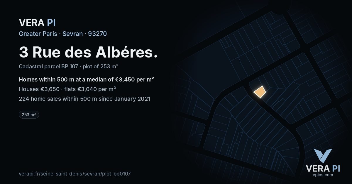 3 Rue des Albéres, Sevran at night – the plot lit, the parcels around coloured by the prices near them