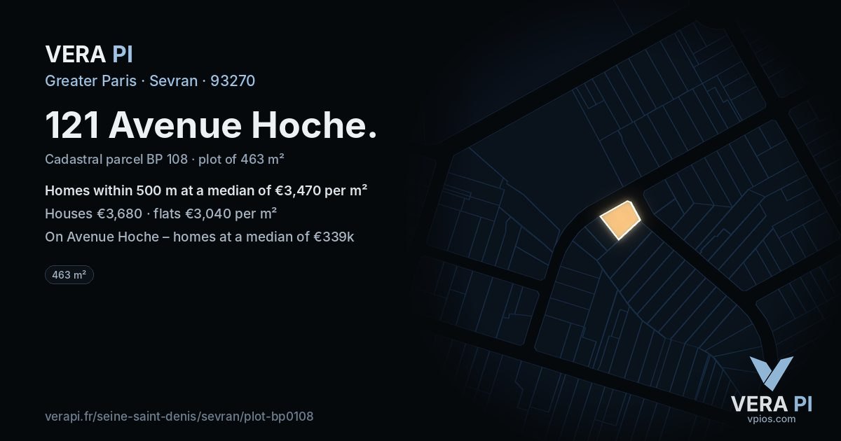 121 Avenue Hoche, Sevran at night – the plot lit, the parcels around coloured by the prices near them