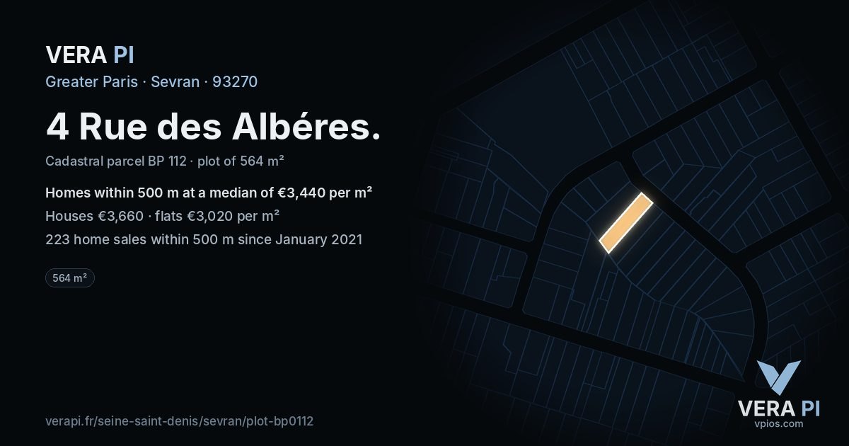 4 Rue des Albéres, Sevran at night – the plot lit, the parcels around coloured by the prices near them