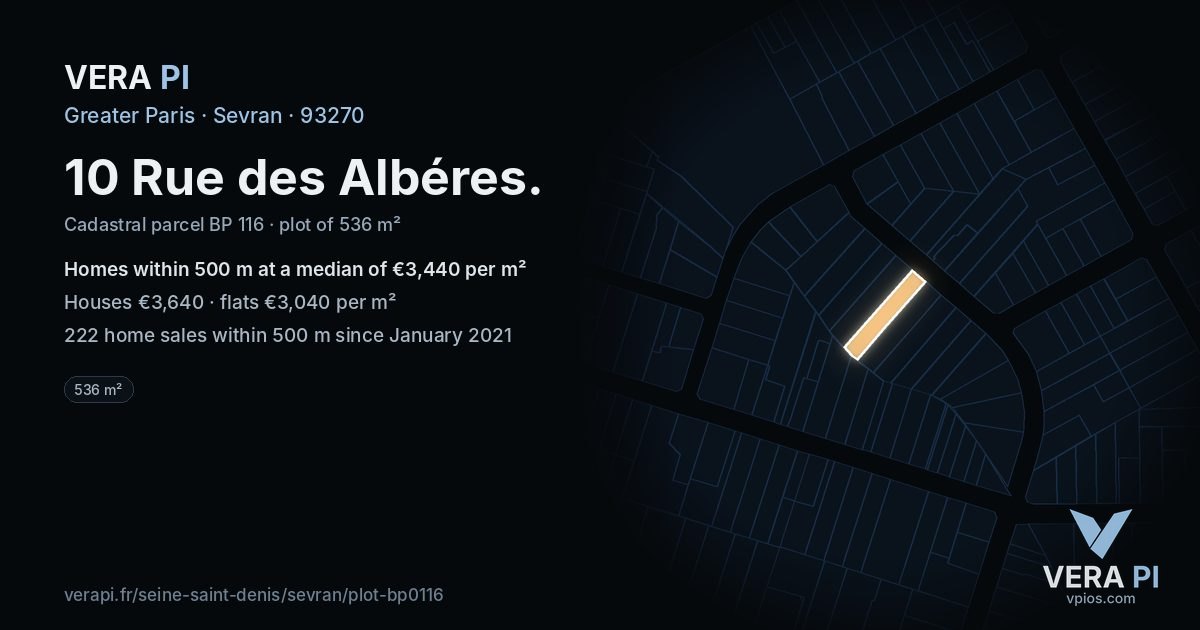 10 Rue des Albéres, Sevran at night – the plot lit, the parcels around coloured by the prices near them