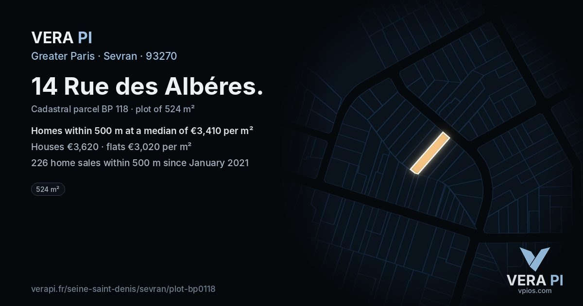 14 Rue des Albéres, Sevran at night – the plot lit, the parcels around coloured by the prices near them