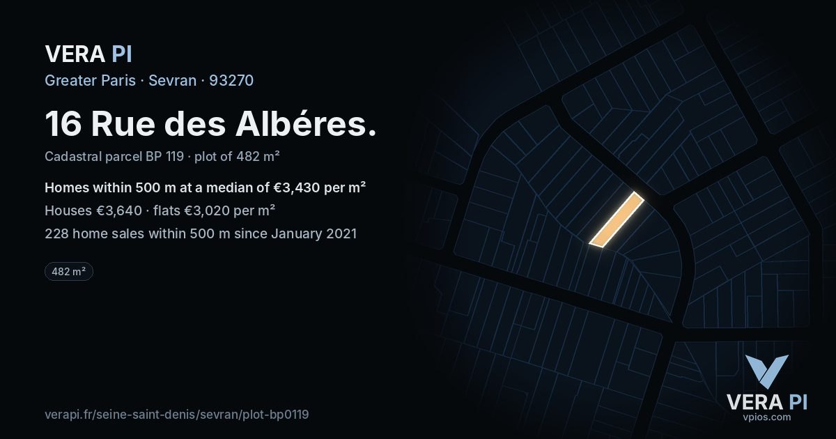 16 Rue des Albéres, Sevran at night – the plot lit, the parcels around coloured by the prices near them