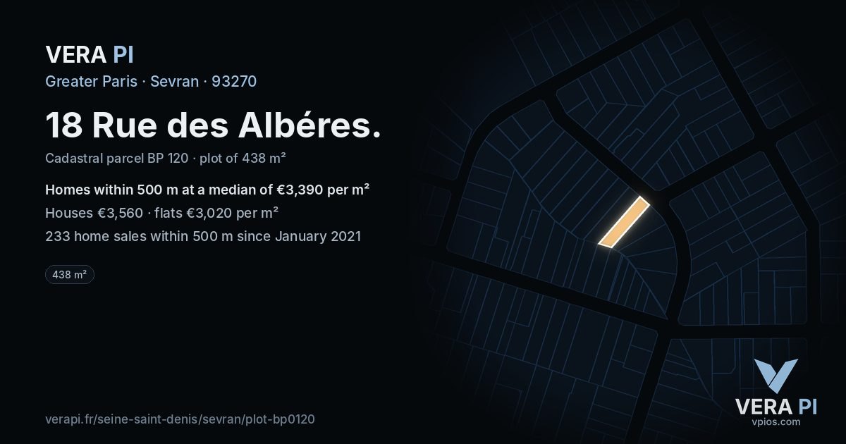 18 Rue des Albéres, Sevran at night – the plot lit, the parcels around coloured by the prices near them