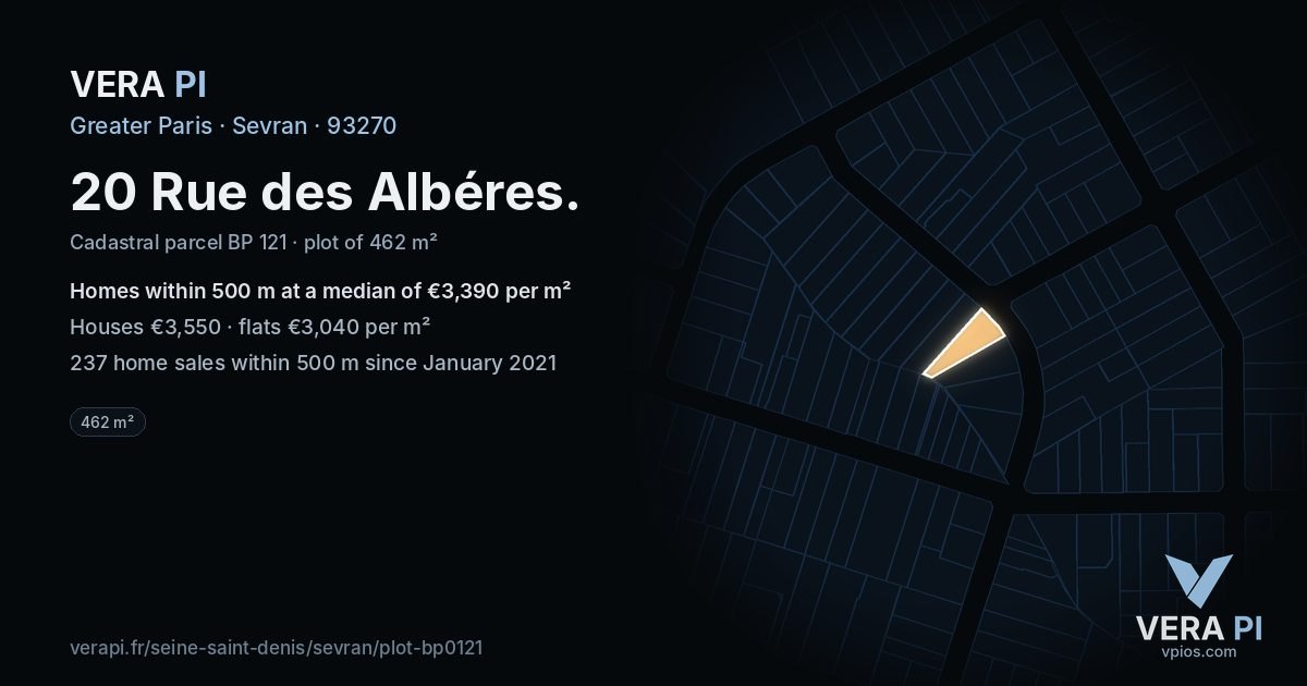 20 Rue des Albéres, Sevran at night – the plot lit, the parcels around coloured by the prices near them