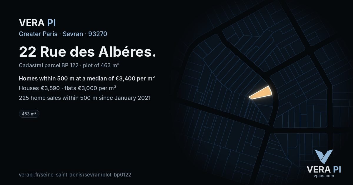 22 Rue des Albéres, Sevran at night – the plot lit, the parcels around coloured by the prices near them