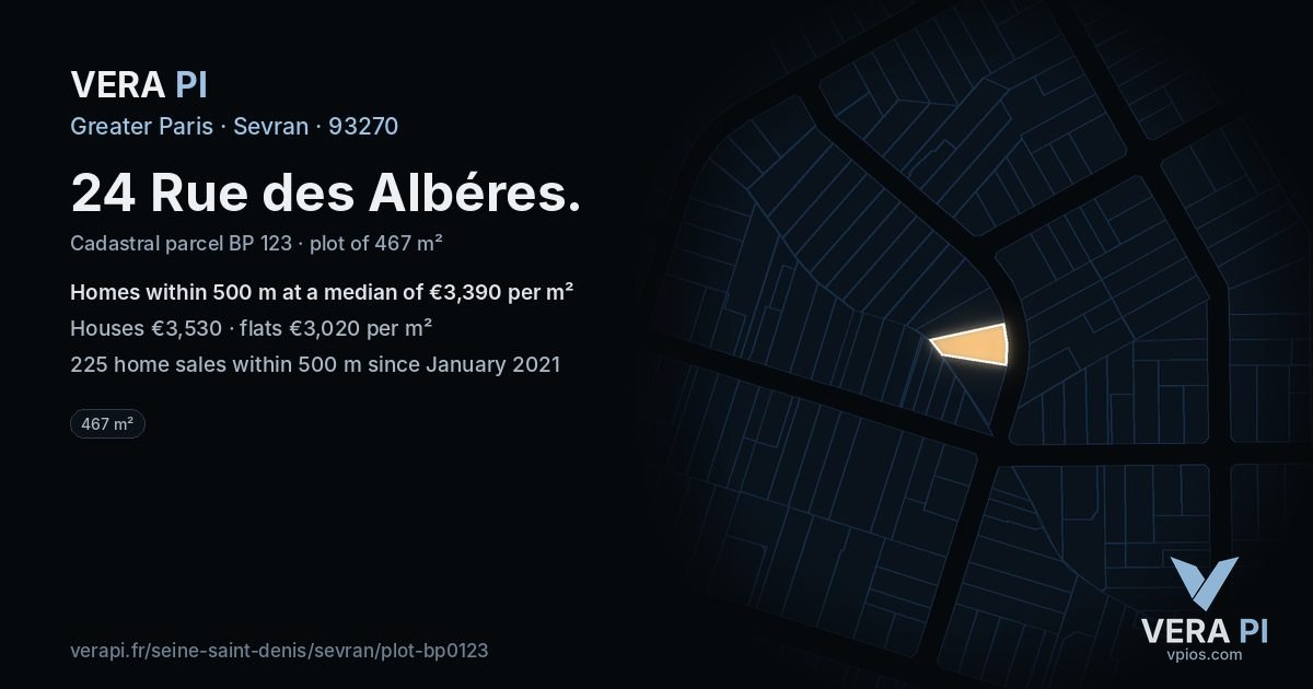 24 Rue des Albéres, Sevran at night – the plot lit, the parcels around coloured by the prices near them