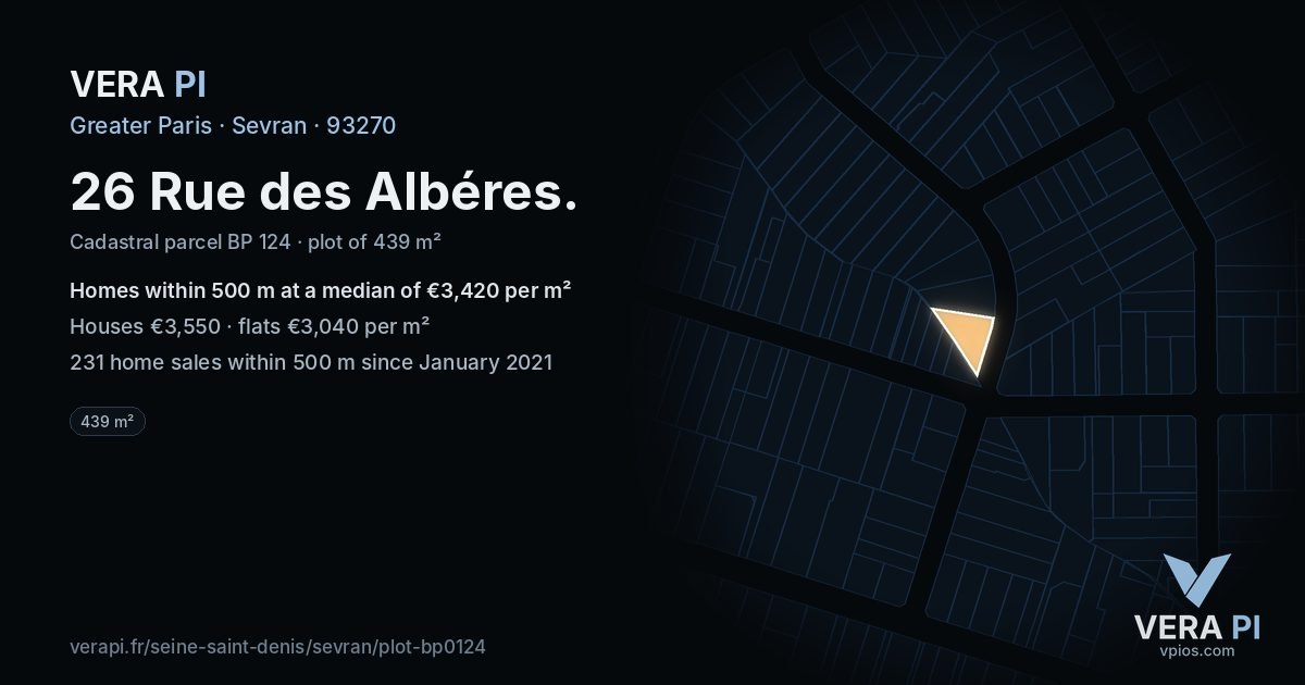 26 Rue des Albéres, Sevran at night – the plot lit, the parcels around coloured by the prices near them
