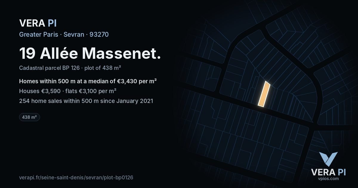 19 Allée Massenet, Sevran at night – the plot lit, the parcels around coloured by the prices near them