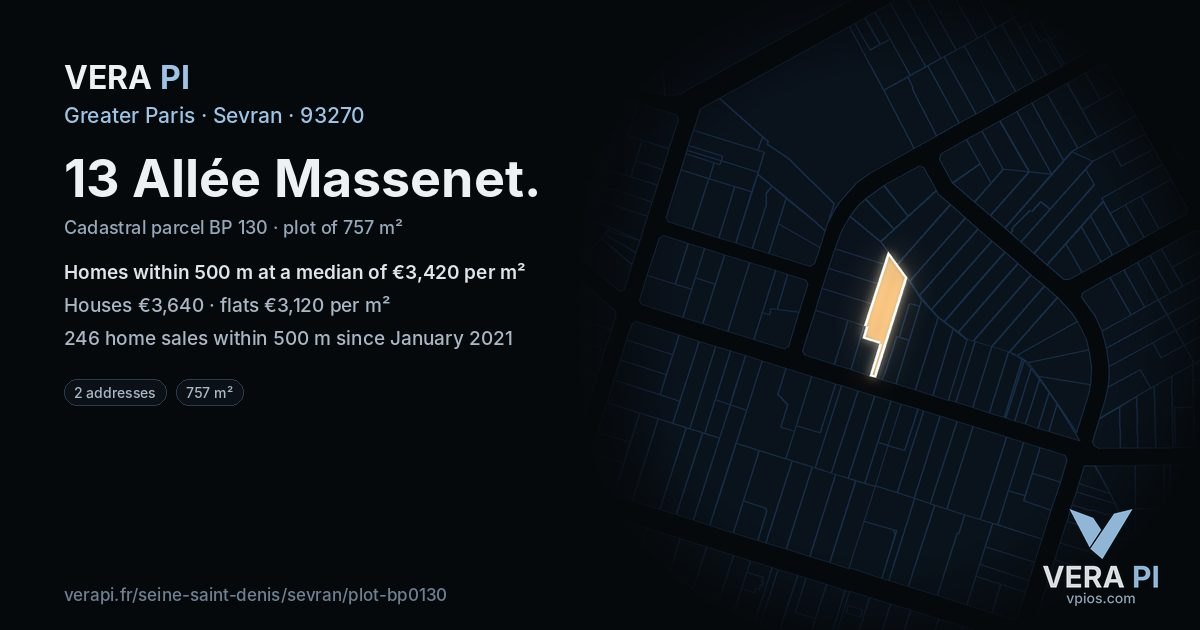 13 Allée Massenet, Sevran at night – the plot lit, the parcels around coloured by the prices near them