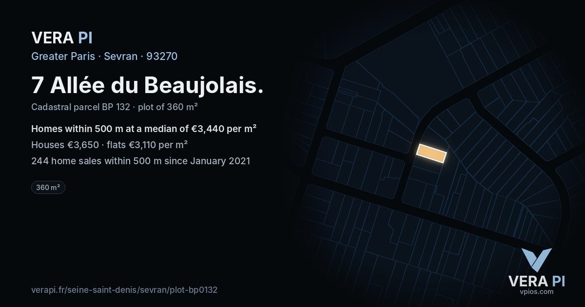 7 Allée du Beaujolais, Sevran at night – the plot lit, the parcels around coloured by the prices near them