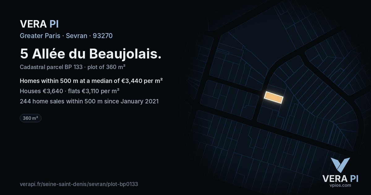 5 Allée du Beaujolais, Sevran at night – the plot lit, the parcels around coloured by the prices near them