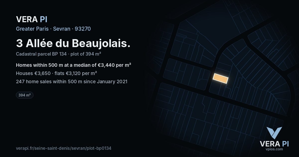 3 Allée du Beaujolais, Sevran at night – the plot lit, the parcels around coloured by the prices near them