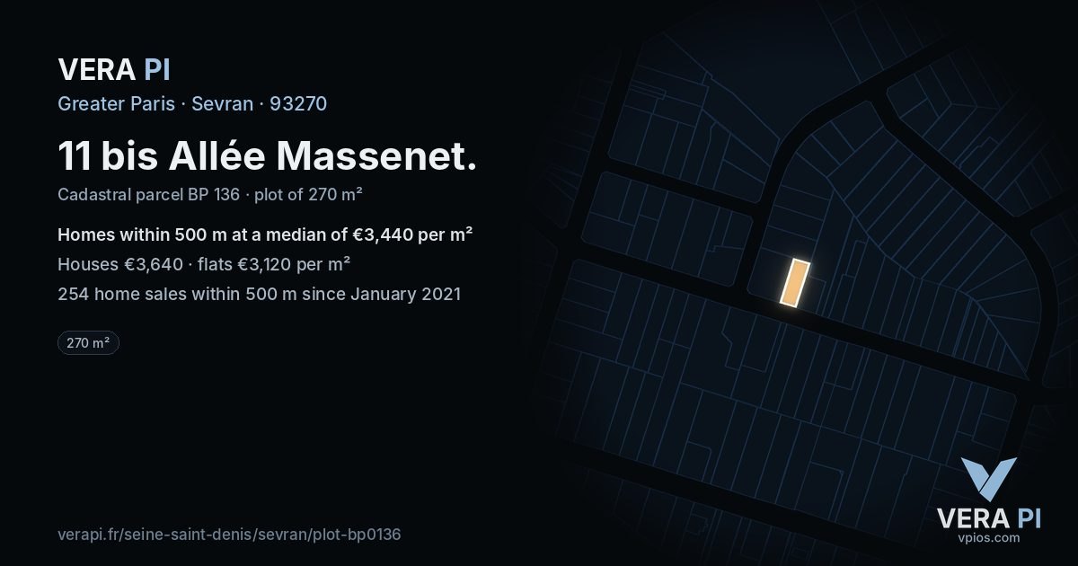 11 bis Allée Massenet, Sevran at night – the plot lit, the parcels around coloured by the prices near them