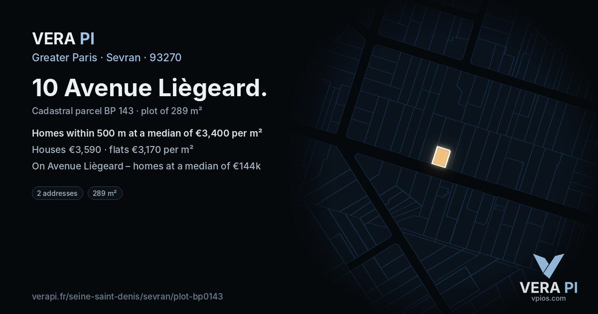10 Avenue Liègeard, Sevran at night – the plot lit, the parcels around coloured by the prices near them
