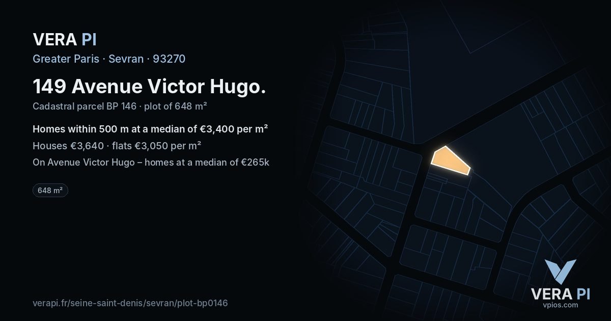 149 Avenue Victor Hugo, Sevran at night – the plot lit, the parcels around coloured by the prices near them
