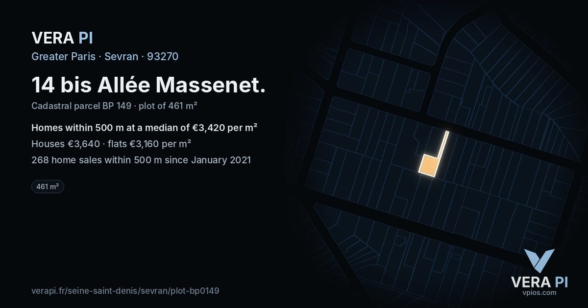 14 bis Allée Massenet, Sevran at night – the plot lit, the parcels around coloured by the prices near them