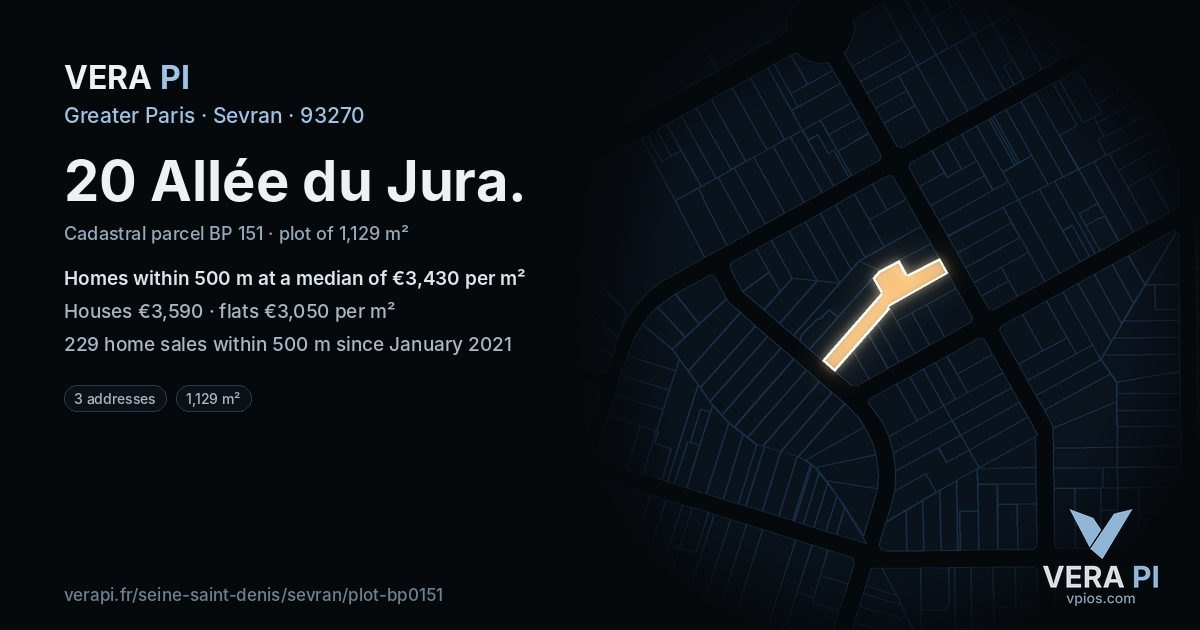 20 Allée du Jura, Sevran at night – the plot lit, the parcels around coloured by the prices near them