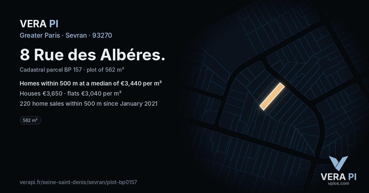 8 Rue des Albéres, Sevran at night – the plot lit, the parcels around coloured by the prices near them