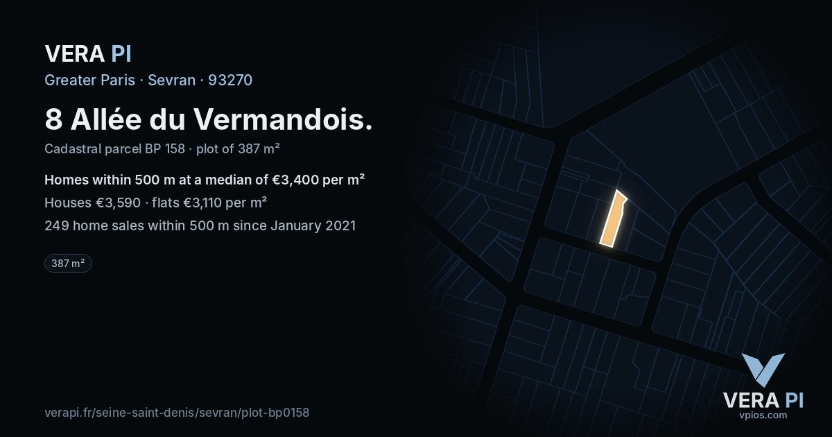 8 Allée du Vermandois, Sevran at night – the plot lit, the parcels around coloured by the prices near them