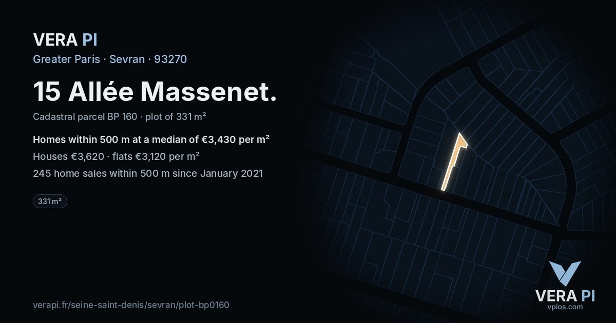 15 Allée Massenet, Sevran at night – the plot lit, the parcels around coloured by the prices near them