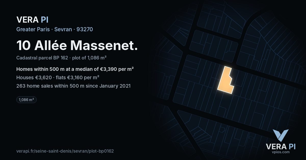 10 Allée Massenet, Sevran at night – the plot lit, the parcels around coloured by the prices near them