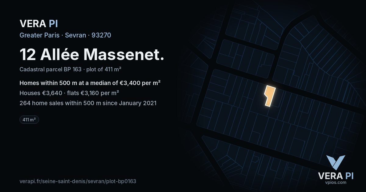 12 Allée Massenet, Sevran at night – the plot lit, the parcels around coloured by the prices near them