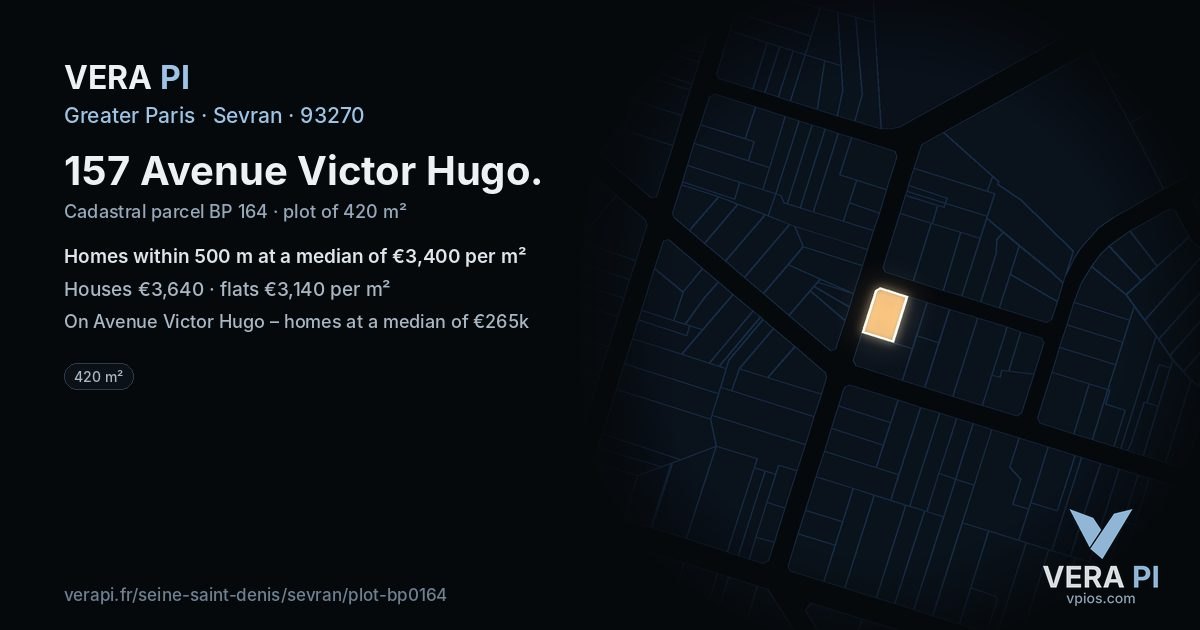 157 Avenue Victor Hugo, Sevran at night – the plot lit, the parcels around coloured by the prices near them