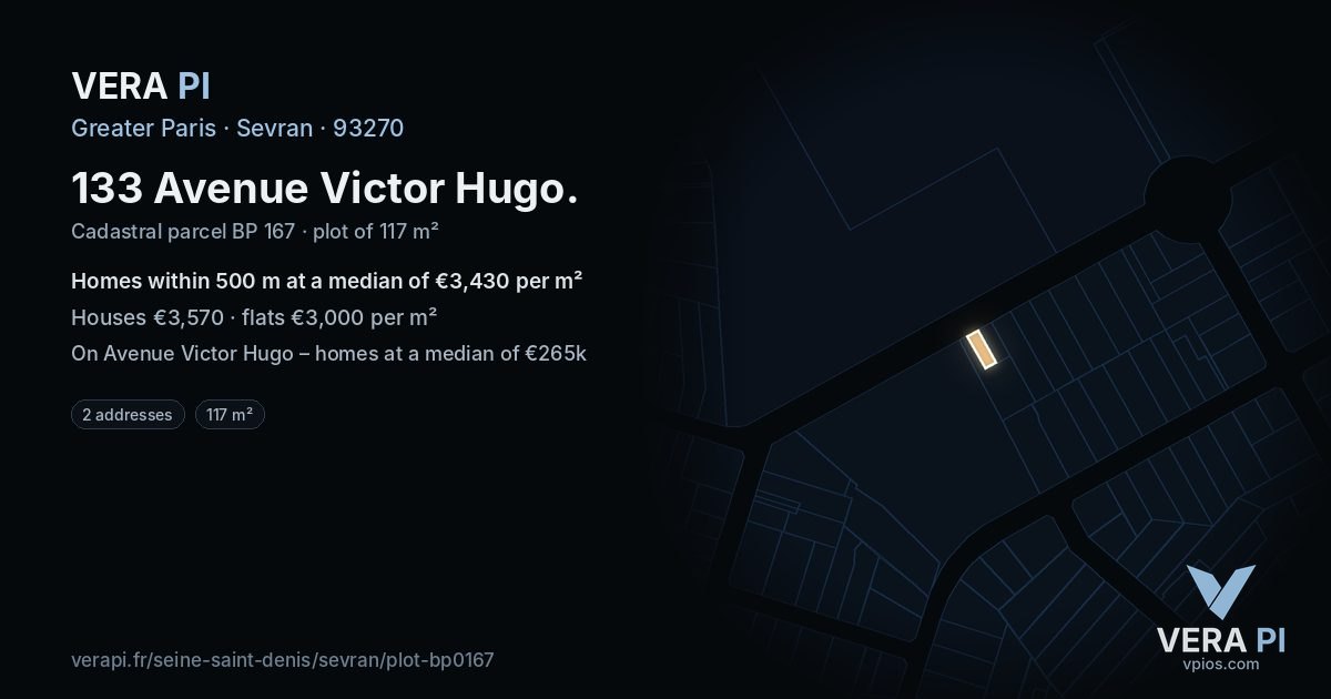 133 Avenue Victor Hugo, Sevran at night – the plot lit, the parcels around coloured by the prices near them