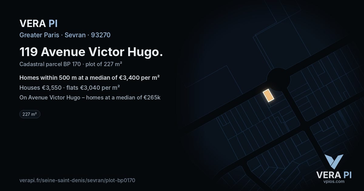 119 Avenue Victor Hugo, Sevran at night – the plot lit, the parcels around coloured by the prices near them