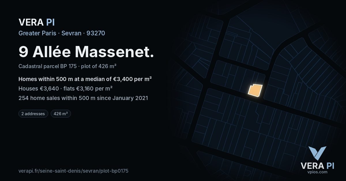 9 Allée Massenet, Sevran at night – the plot lit, the parcels around coloured by the prices near them